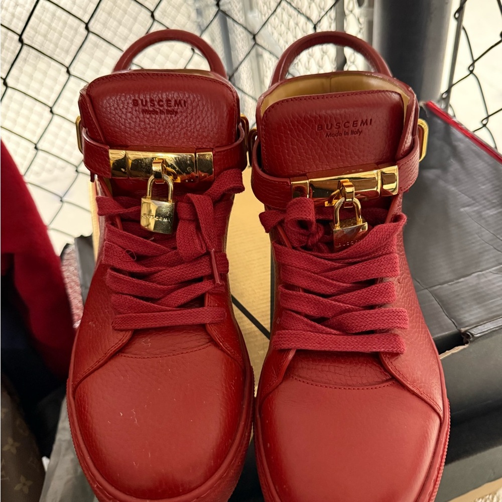 Buscemi Men’s Bold Red Sneakers with Gold Accents